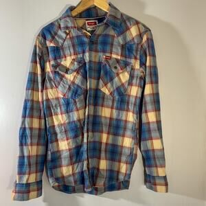 Wrangler Western Plaid Flannel Shirt | Blue, Red, Yellow Stretch Cotton Blend
